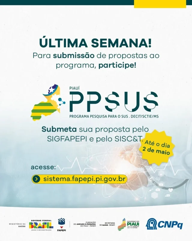 📢 Últimos dias para submissão! Lembrando que o SigFapepi está funcionando normalmente.

Pesquisadores tem até o dia 2 de maio para finalizar sua submissão ao SISC&T e ao SIGFAPEPI.

A 8ª edição conta com um investimento recorde de R$ 2,8 milhões, e cada projeto poderá receber até R$ 180 mil para fomentar pesquisas que fortaleçam o SUS no estado. 

Para participar, os proponentes devem atender aos critérios do edital.

Marque um amigo pesquisador e ajude a divulgar essa oportunidade! 🔬📢 

#FAPEPI #PPSUSPI #Saúde #Pesquisa #Inovação